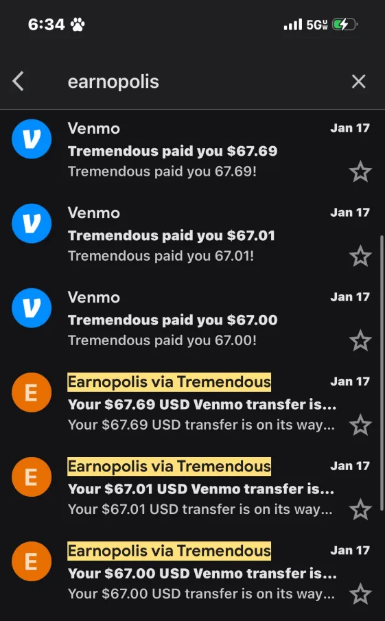 Multiple Venmo payments from Earnopolis